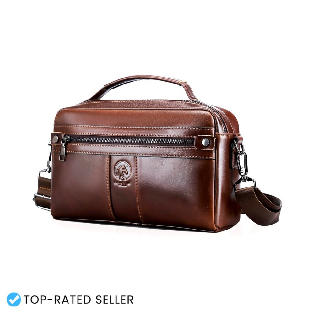 Vintage Leather Crossbody Bag for Men Multi-Pocket Messenger Work Travel